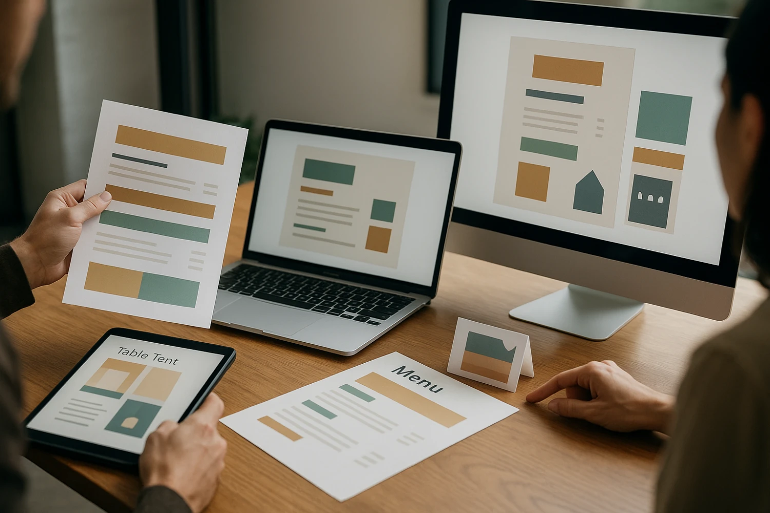 Menu design, table tent cards and print materials for restaurants and cafés